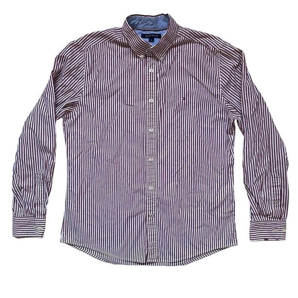 Tommy Hilfiger Red Vertical Stripe Casual Button Down Shirt Size M Size 17 - Picture 1 of 11